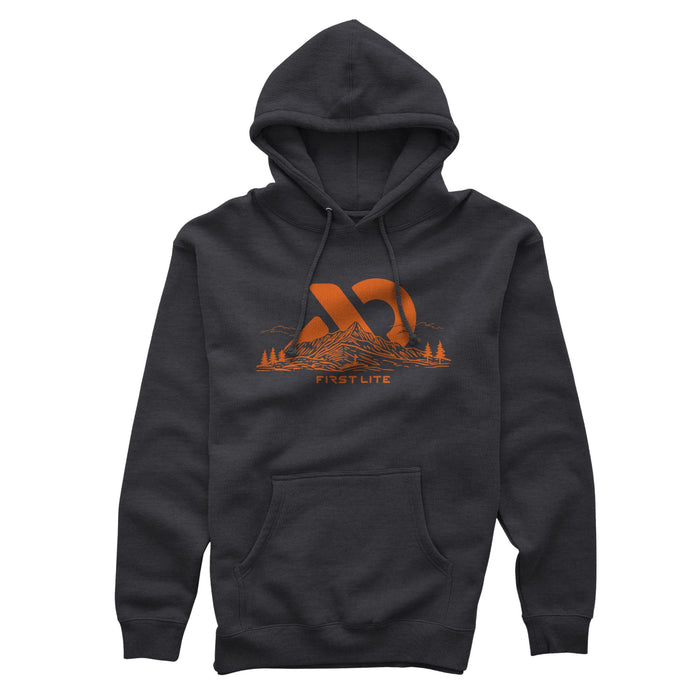 Charcoal hoody with orange 'First Lite' logo with mountain peak