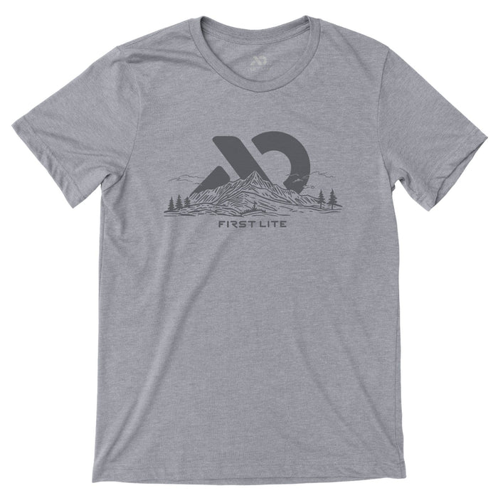Light gray T-Shirt with dark gray 'FIRST LITE' logo with mountain peak