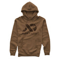 Brown hoodie with a dark brown First Lite logo featuring a deer head silhouette, drawstring hood, and kangaroo pocket.