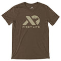 Heather brown t-shirt with a tan geometric back print featuring an elk silhouette within the logo and "FIRST LITE" text below