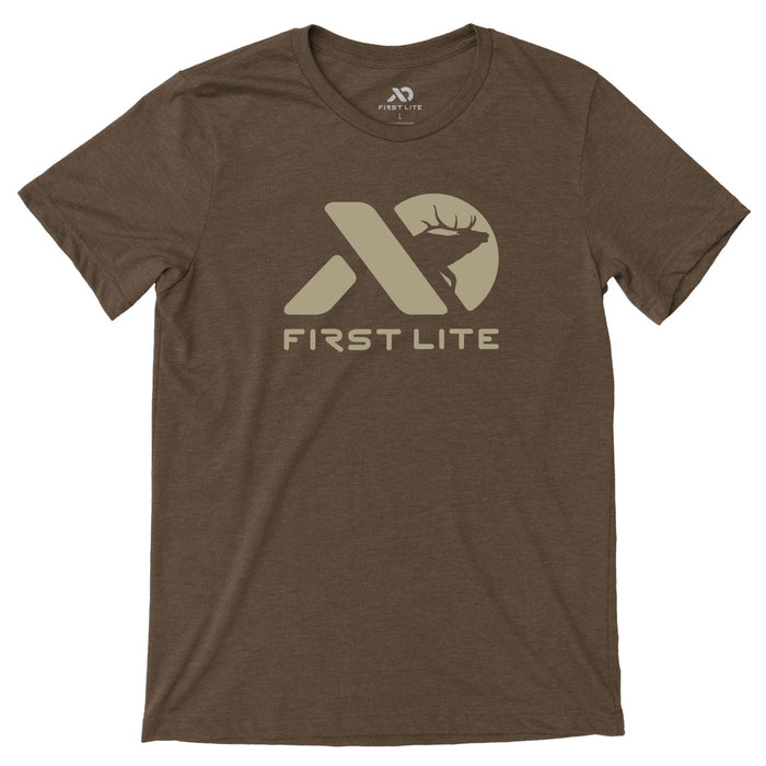 Heather brown t-shirt with a tan geometric back print featuring an elk silhouette within the logo and "FIRST LITE" text below