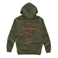 Green army hoodie with an orange text "GO FARTHER. STAY LONGER." and "FIRST LITE" with a brown elk in the background.
