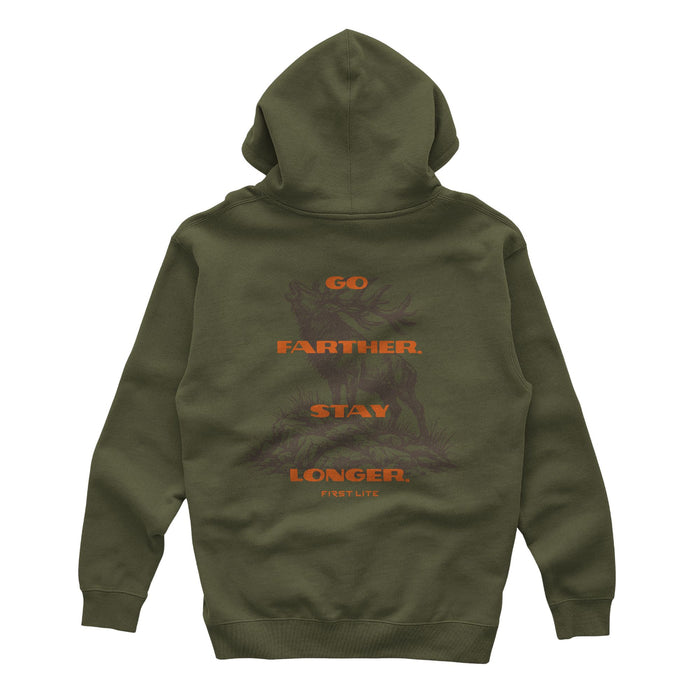 Green army hoodie with an orange text "GO FARTHER. STAY LONGER." and "FIRST LITE" with a brown elk in the background.