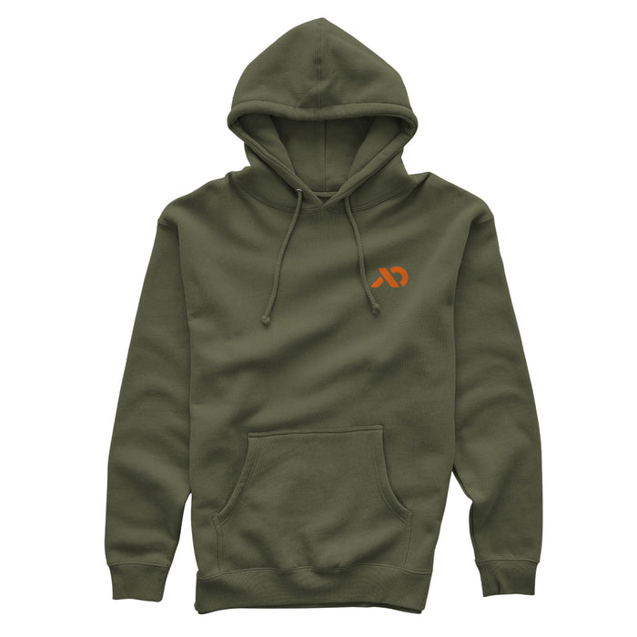 Green army hoodie with an orange abstract logo on the left chest, a hood with drawstrings, and a kangaroo pocket.