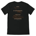 Black T-Shirt with brown text "GO FARTHER. STAY LONGER." and "FIRST LITE" with a brown elk in the background.