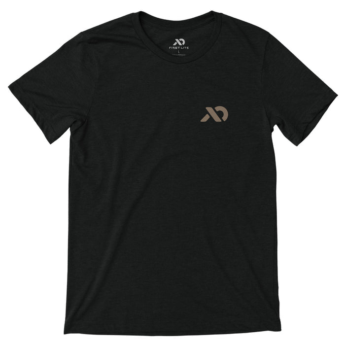 Black T-Shirt with a light brown abstract logo on the left chest