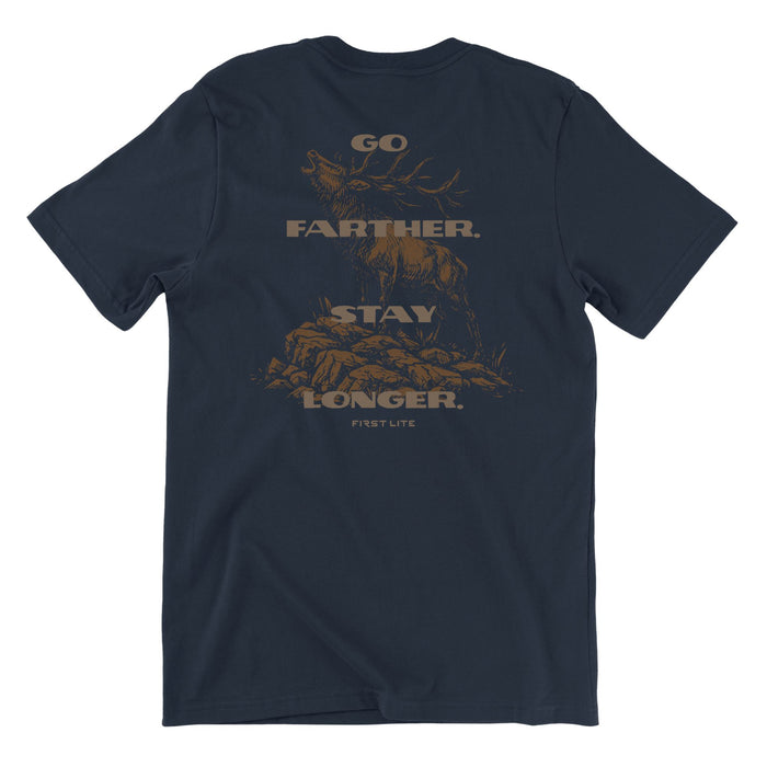 Navy T-Shirt with brown text "GO FARTHER. STAY LONGER." and "FIRST LITE" with a brown elk in the background.