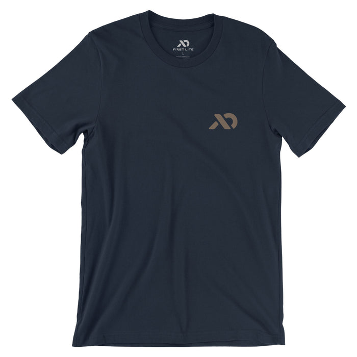 Navy T-Shirt with a light brown abstract logo on the left chest
