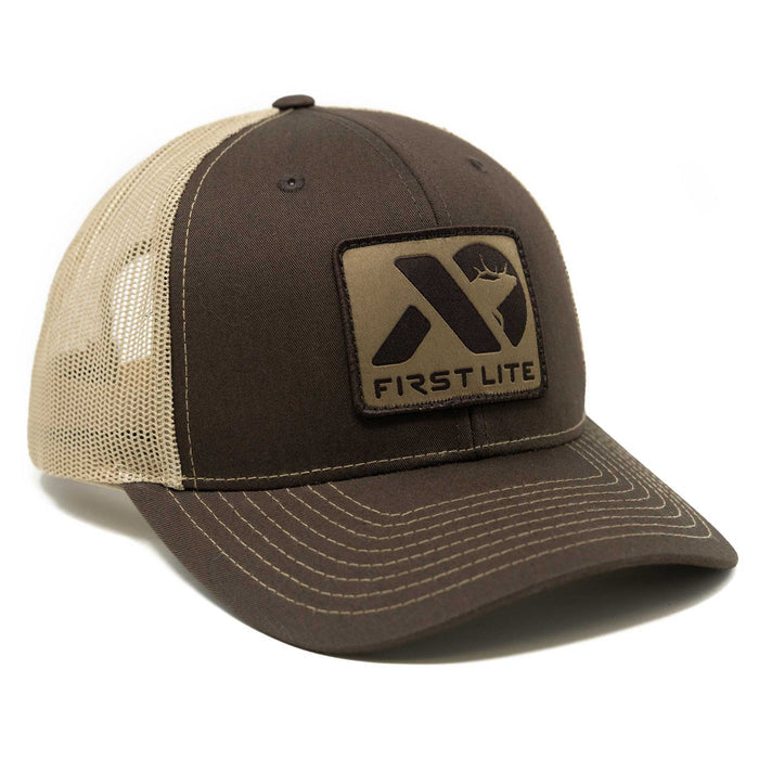Brown and tan mesh trucker hat with a tan First Lite logo patch on the front.