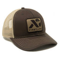 Brown and tan mesh trucker hat with a tan First Lite logo patch on the front.