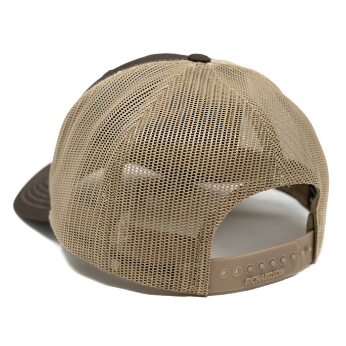 Brown and tan mesh trucker hat with an adjustable snapback closure featuring Richardson branding.