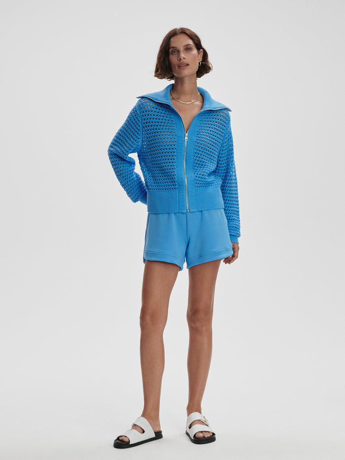 Azure Blue|Eloise Full Zip Knit in Azure Blue, front view of a full-zip knit sweater.
