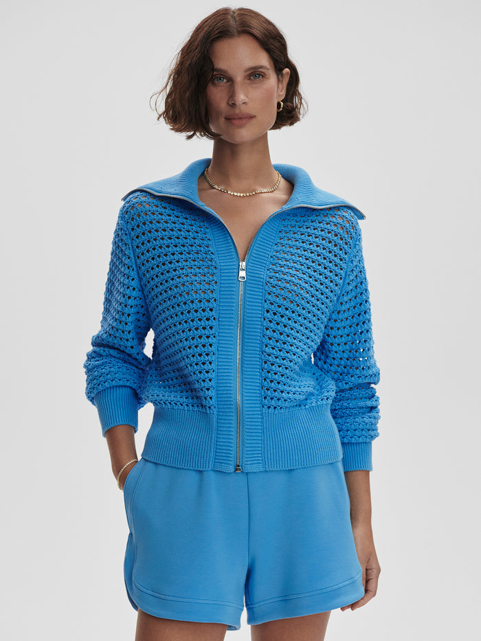 Azure Blue|Front view of the Eloise Full Zip Knit in Azure Blue, long-sleeve cardigan with full-zip, knit texture.