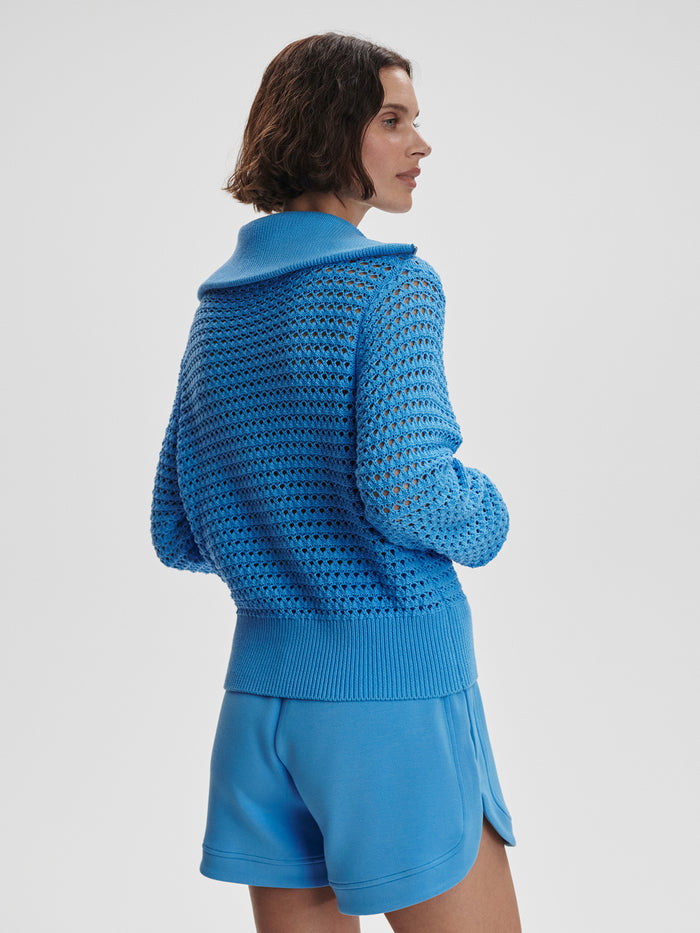 Azure Blue|Eloise Full Zip Knit Azure Blue, front view of a long-sleeve knit with full-zip closure and ribbed cuffs.