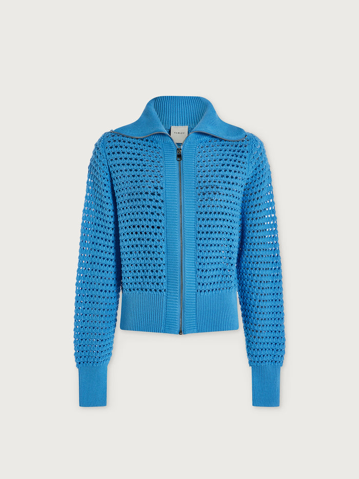 Azure Blue|Front-facing view of the Eloise Full Zip Knit in Azure Blue, a blue knit sweater with a full-length front zipper and long sleeves.