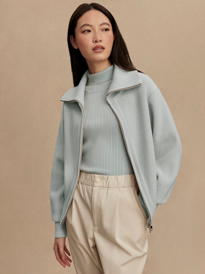 Winter Sky|Enrico Knit Jacket in Winter Sky blue, knit fabric texture (front view).