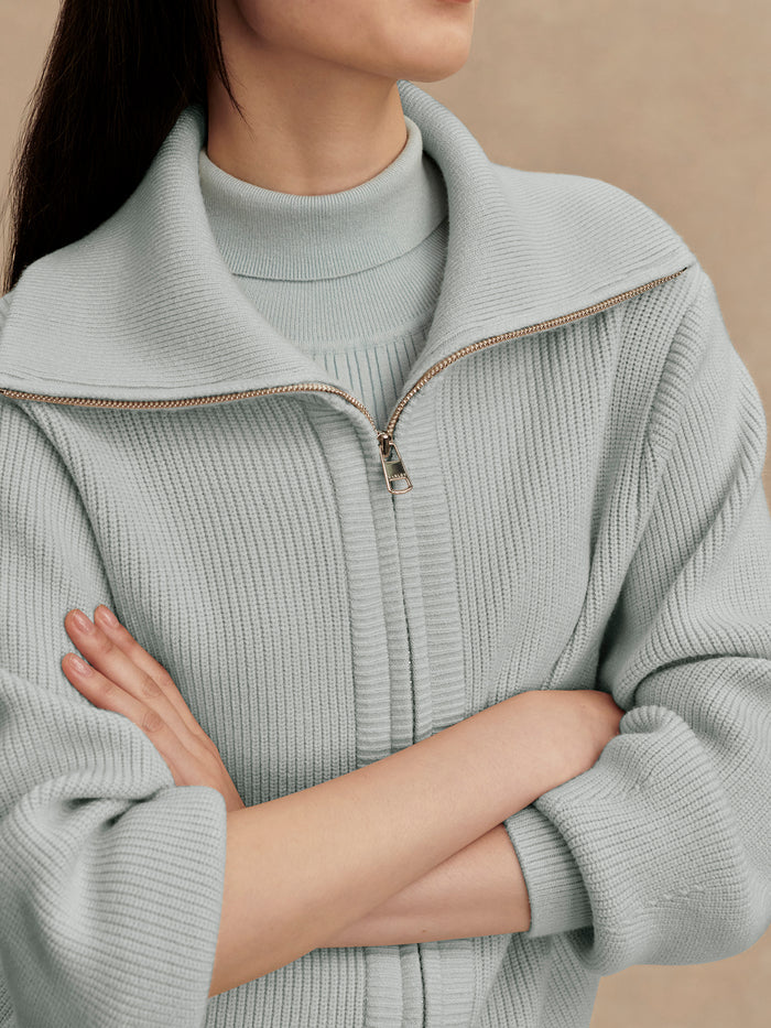 Winter Sky|Front-facing image of the Enrico Knit Jacket in Winter Sky, a textured knit jacket with long sleeves.