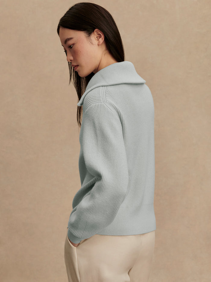 Winter Sky|Enrico Knit Jacket in Winter Sky, front-facing view, textured knit fabric, long sleeves, ribbed cuffs and hem.