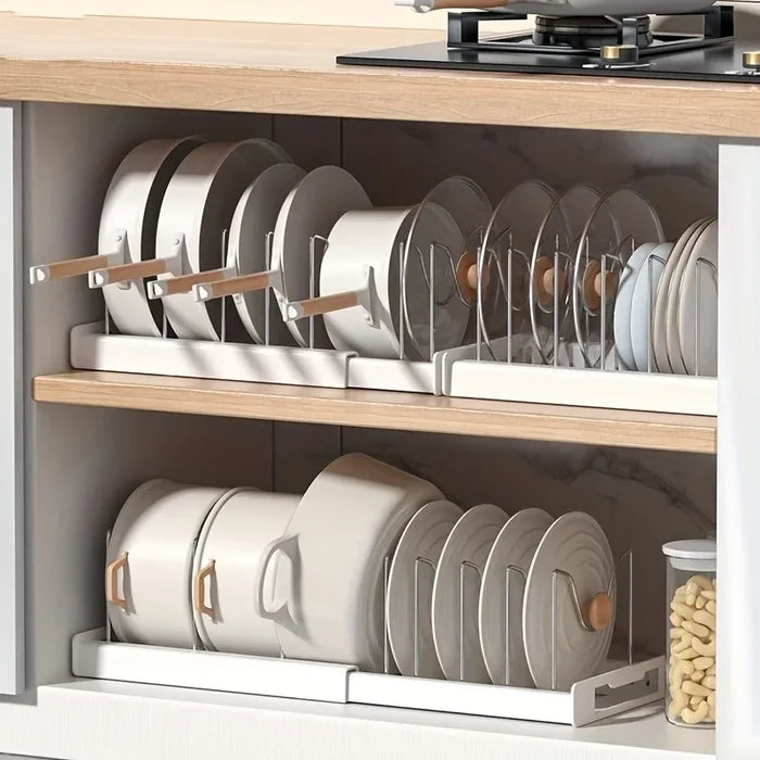 Expandable pot and pan organizer rack for kitchen cabinets