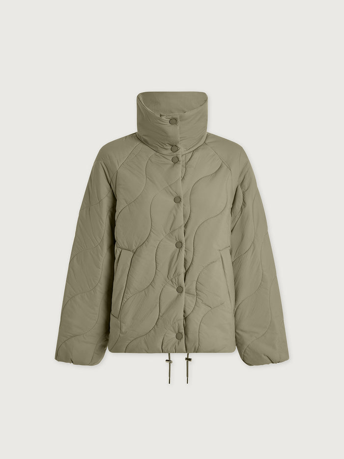Shadow|Fabia Quilted Jacket in Shadow color, front view showing quilted shell, zip closure, stand collar and side pockets.