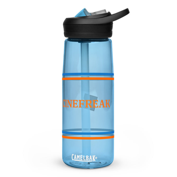 Fandango Cinefreak Camelbak water bottle in blue, featuring the bold Cinefreak text graphic across the body