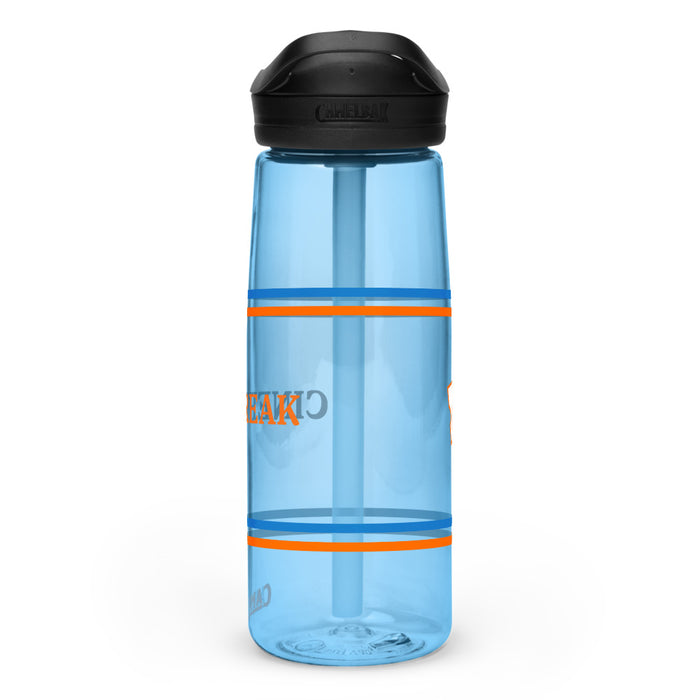 Clear Fandango Cinefreak Camelbak water bottle, showcasing the spill-proof screw-on lid and bite valve