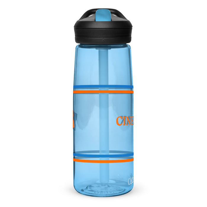Close-up of the spill-proof screw-on lid and bite valve on the blue Fandango Cinefreak water bottle