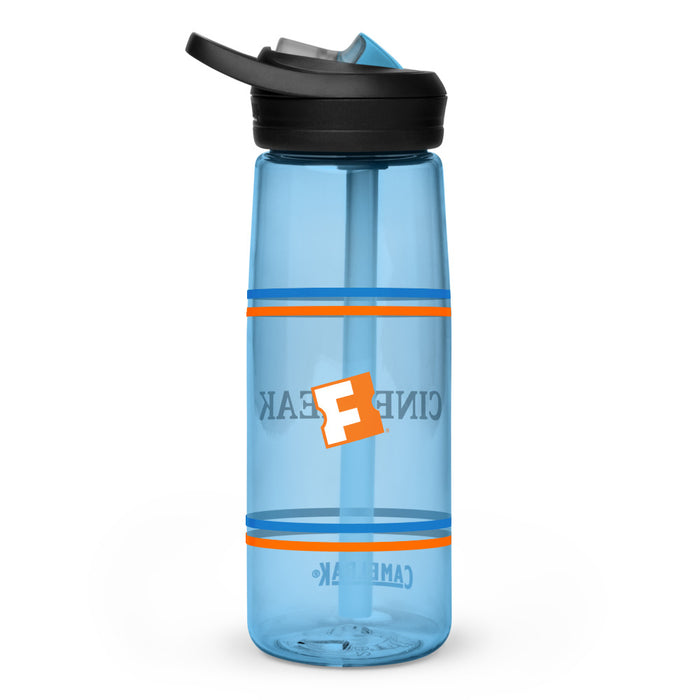 Side angle view of the clear 25 oz Fandango Cinefreak sports water bottle highlighting its 10-inch height