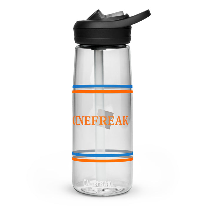 Detailed view of the Eastman Tritan Renew 50 percent recycled material branding on the clear water bottle