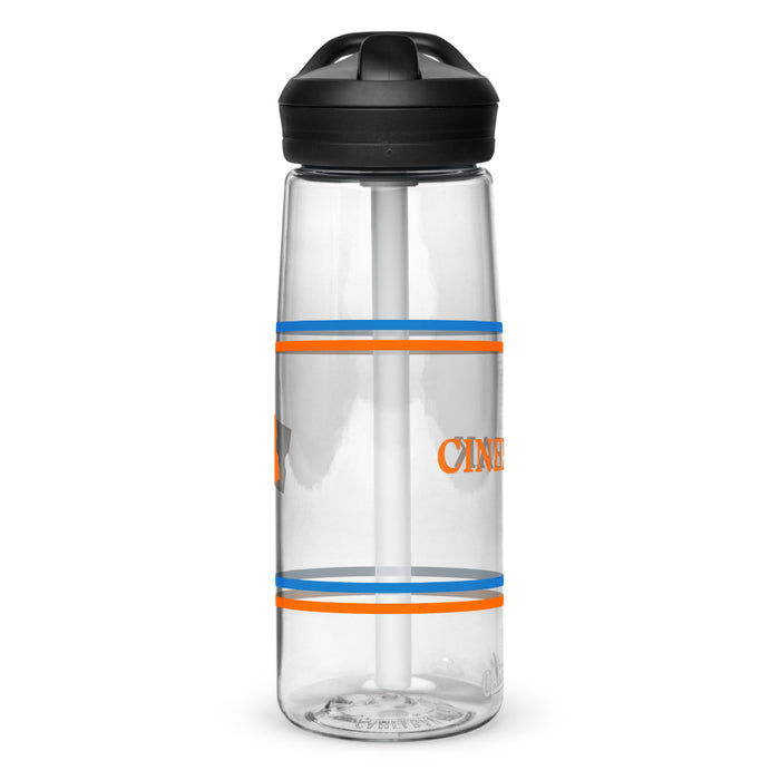 Clear Fandango Cinefreak water bottle placed on a desk next to movie tickets, showing lifestyle context