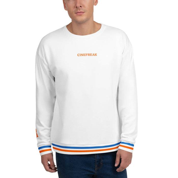 Close-up of the Fandango Cinefreak crewneck sweatshirt fabric showing the graphic print detail and textured material