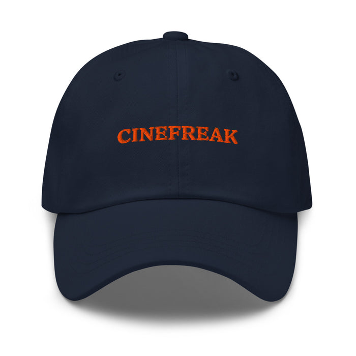 Dark Navy Fandango Cinefreak dad hat front view showing the embroidered Cinefreak graphic on the crown