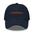 Dark Navy Fandango Cinefreak dad hat front view showing the embroidered Cinefreak graphic on the crown
