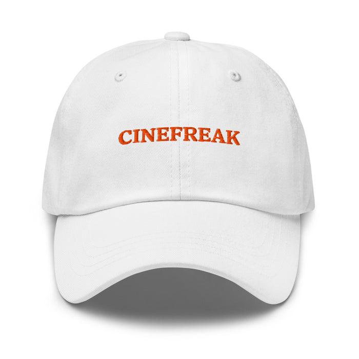 White Fandango Cinefreak dad hat front view showing the bold graphic centered on the crown