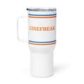 White stainless steel travel mug featuring the bold black Fandango Cinefreak graphic on the side