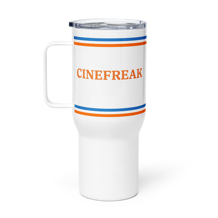 White stainless steel travel mug featuring the bold black Fandango Cinefreak graphic on the side