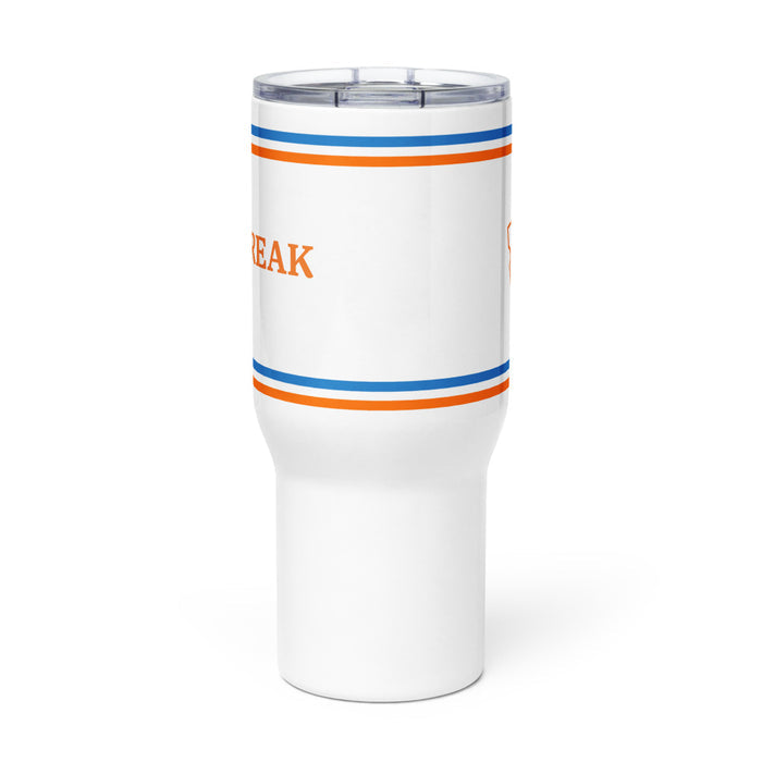 Front view of the 25 oz Fandango Cinefreak travel tumbler showing the upper rim and handle-free grip