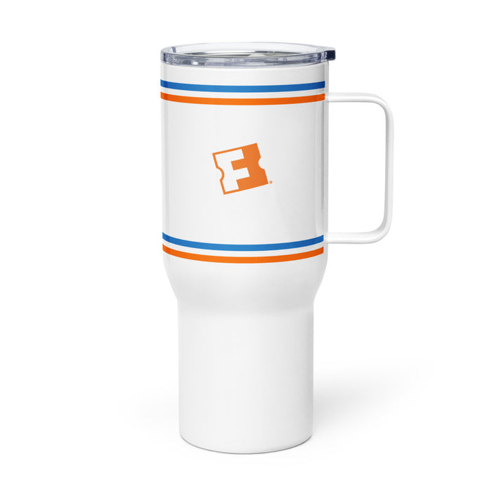 Close-up of the Fandango Cinefreak logo printed on the durable white stainless steel body
