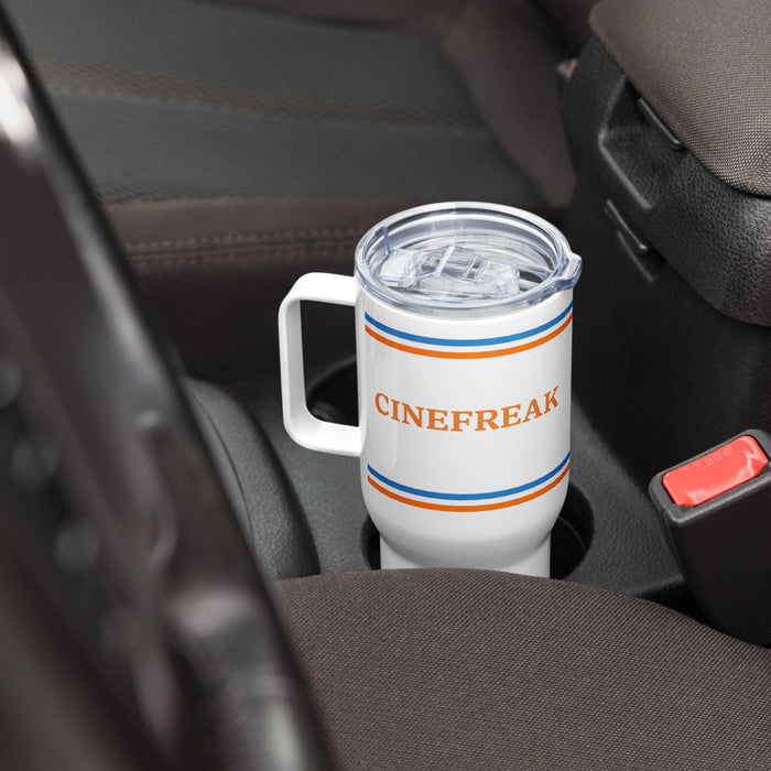 Bottom profile of the stainless steel travel mug showing its slim base designed for cup holders