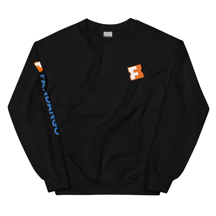 Black crew-neck sweatshirt featuring the white Fandango movie ticket logo centered on the front chest