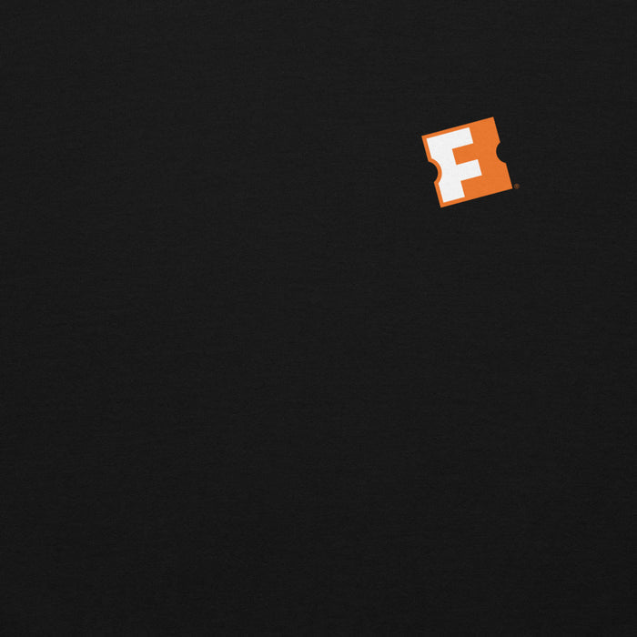 Close-up view of the white Fandango logo print on the black cotton-poly blend fabric of the sweatshirt