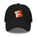Fandango embroidered dad hat front view showing the iconic logo on black cotton twill