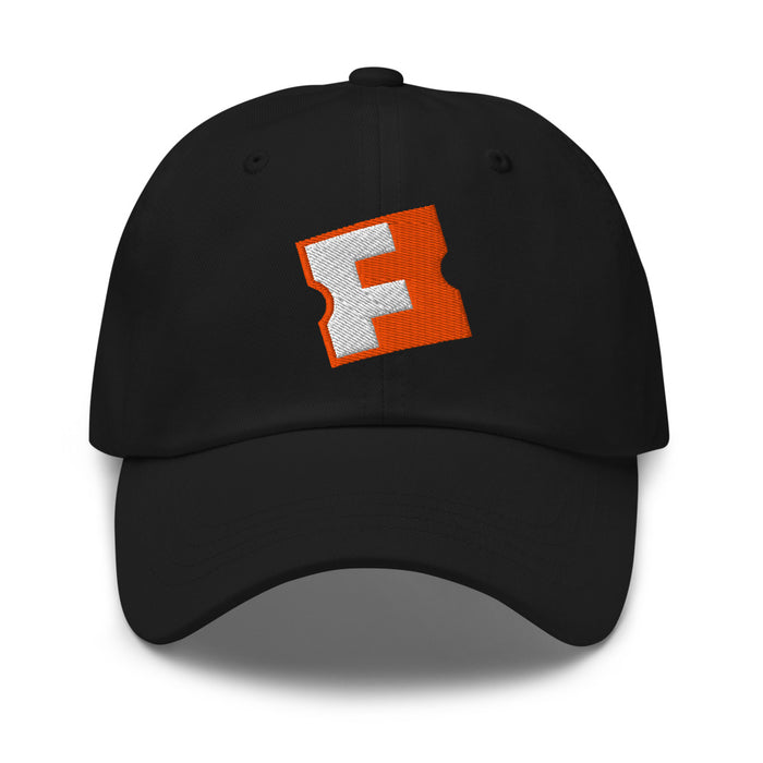 Fandango embroidered dad hat front view showing the iconic logo on black cotton twill