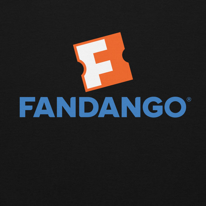 Close-up of the Fandango logo printed on the chest of the black hoodie