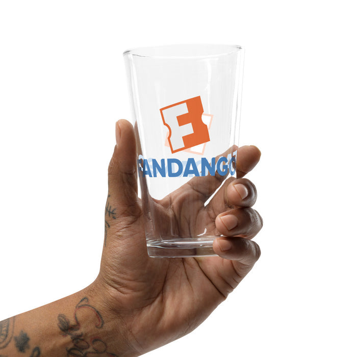 Close-up view of the Fandango logo printed on the durable clear glass pint