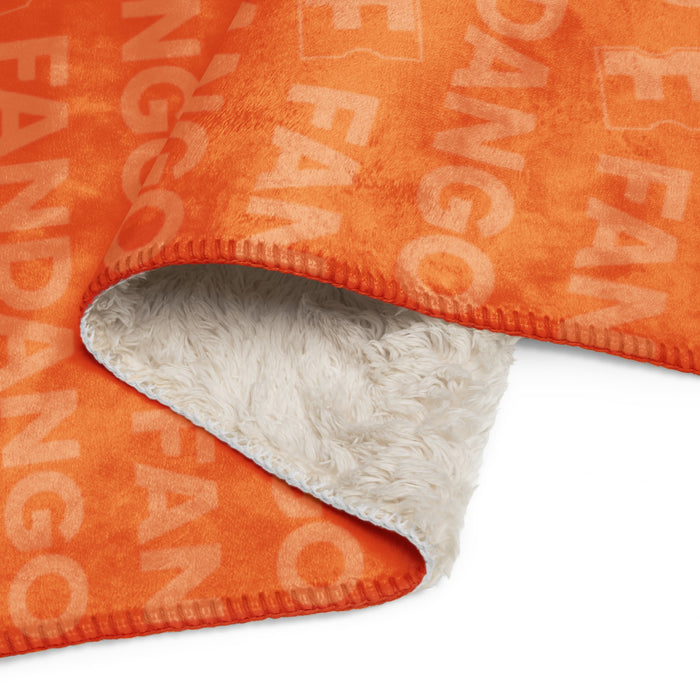 Full view of the Fandango logo sherpa blanket spread out flat