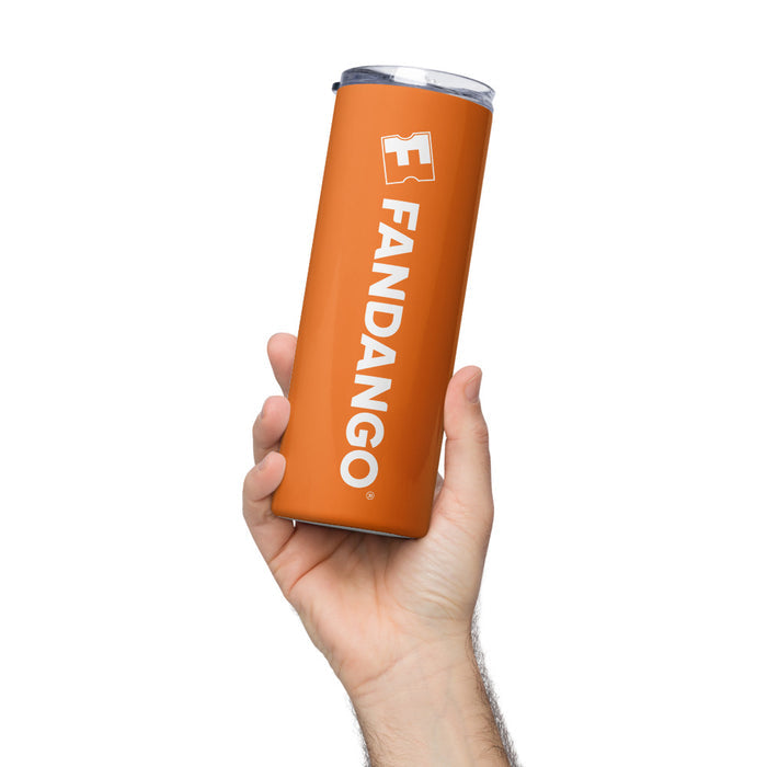 Close-up view of the Fandango logo tumbler showing the included lid and straw