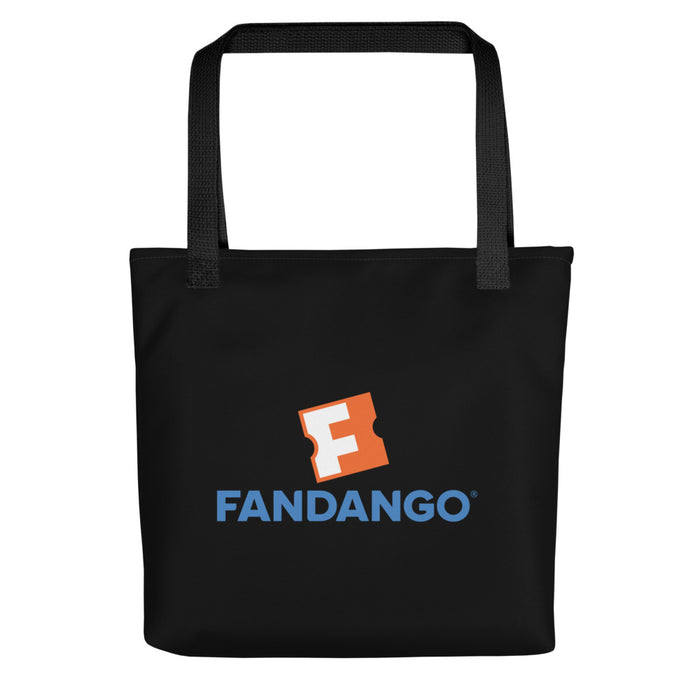 Close-up view of the Fandango logo printed clearly on the spun polyester fabric of the tote bag