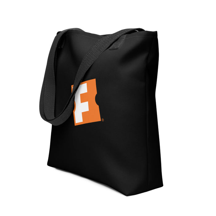 Side view of the Fandango tote bag showing the dual cotton bull denim handles and spacious 15 by 15 inch silhouette