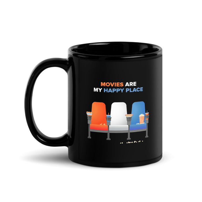 Fandango black ceramic coffee mug featuring Movies Are My Happy Place text graphic on the front